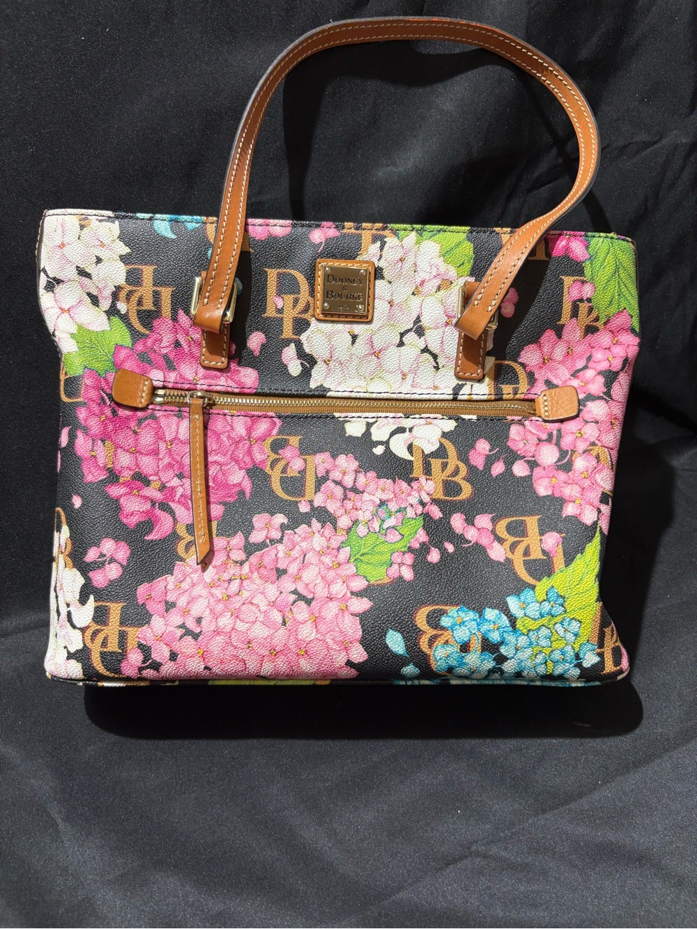 Dooney & Bourke Black Floral Tote with Pink, White, Green, Blue and Brown Trim